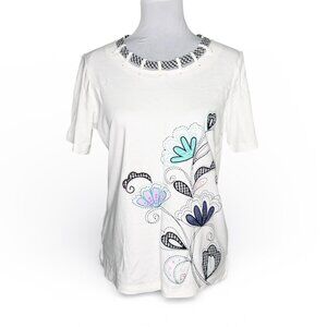 Drapers & Damons Floral Embroidered Top White Short Sleeve Knit Blouse S